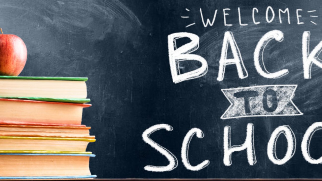 Back to School. Books and fresh apple against chalkboard