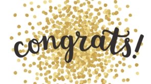 Hand written word congrats with gold confetti background. Vector illustration